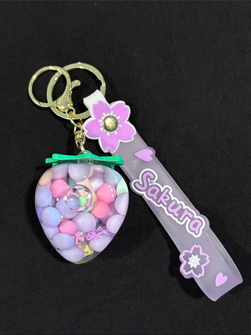 Purple Strawberry Water Bead Glitter Filled Bag Charm Keychain